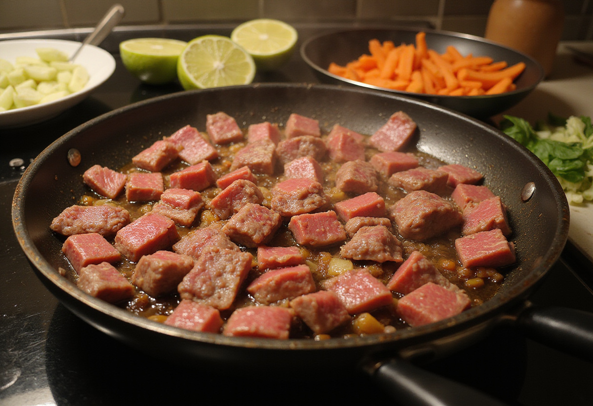 Cooking thinly sliced beef in a skillet alongside fresh vegetables for delicious Philly Cheesesteak Tortellini Pasta.