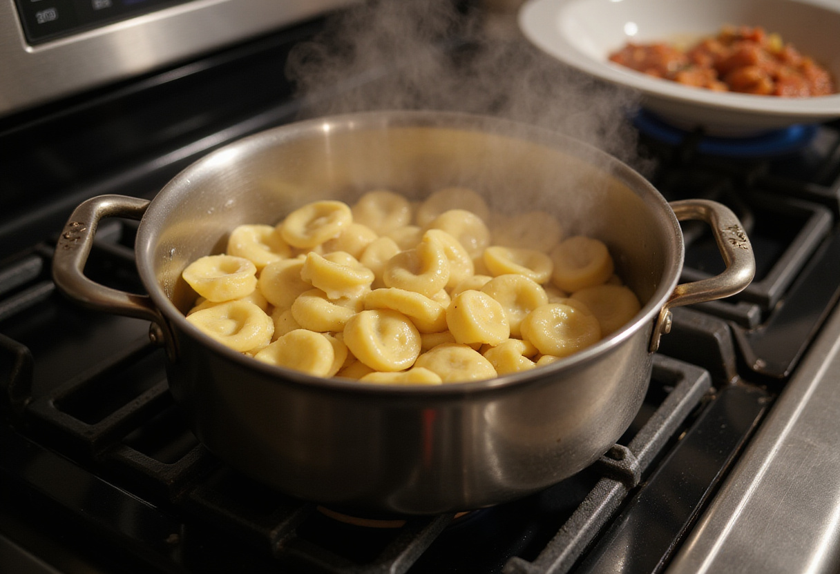 Boiling tortellini pasta for Philly Cheesesteak recipe, showcasing the cooking process in a kitchen.