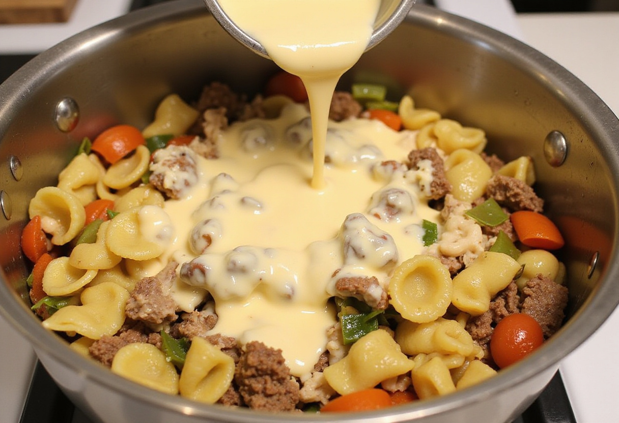 Combining cheesy tortellini with flavorful beef and vegetables, perfect for a Philly Cheesesteak dish.