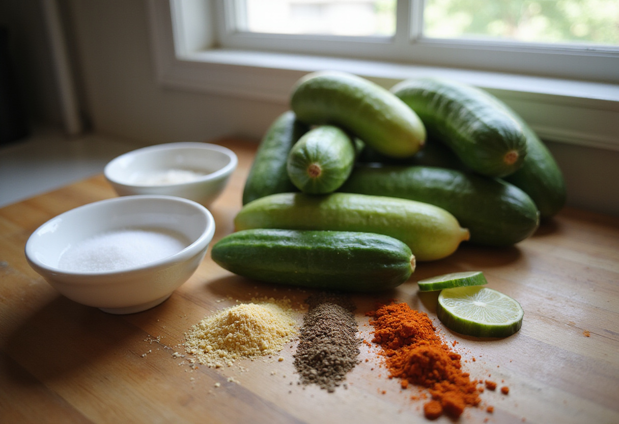 Fresh cucumbers and spices for pickle-infused drinks on a countertop, perfect for homemade pickles and cocktails.