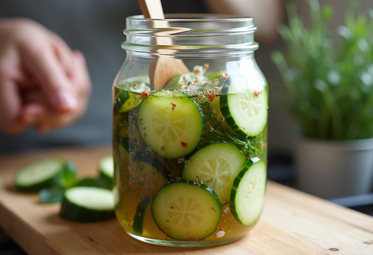Jar of pickles being prepared for infusion, showcasing the vibrant ingredients that enhance cocktails and beverages.