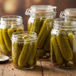 Finished pickle-flavored treats displayed in glass jars, highlighting the colorful and appetizing snack preparation.