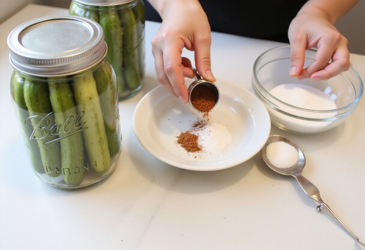 Preparing spices and salt for pickle-flavored treats in a bright kitchen, creating tasty snacks.