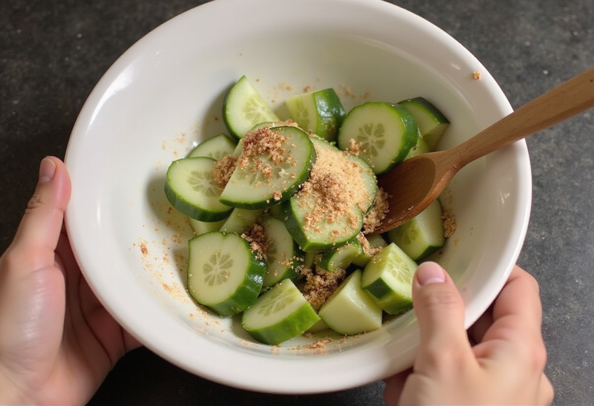 Mixing sliced cucumbers with seasoning for pickle-flavored treats, creating flavorful and crunchy snacks.