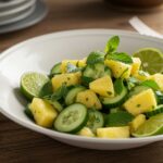 Final presentation of pineapple cucumber salad garnished with mint, showcasing an appetizing and healthy summer dish.