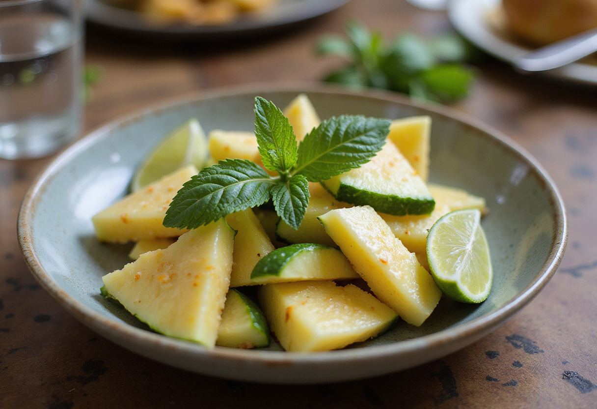 Final presentation of pineapple cucumber salad garnished with mint, showcasing an appetizing and healthy summer dish.