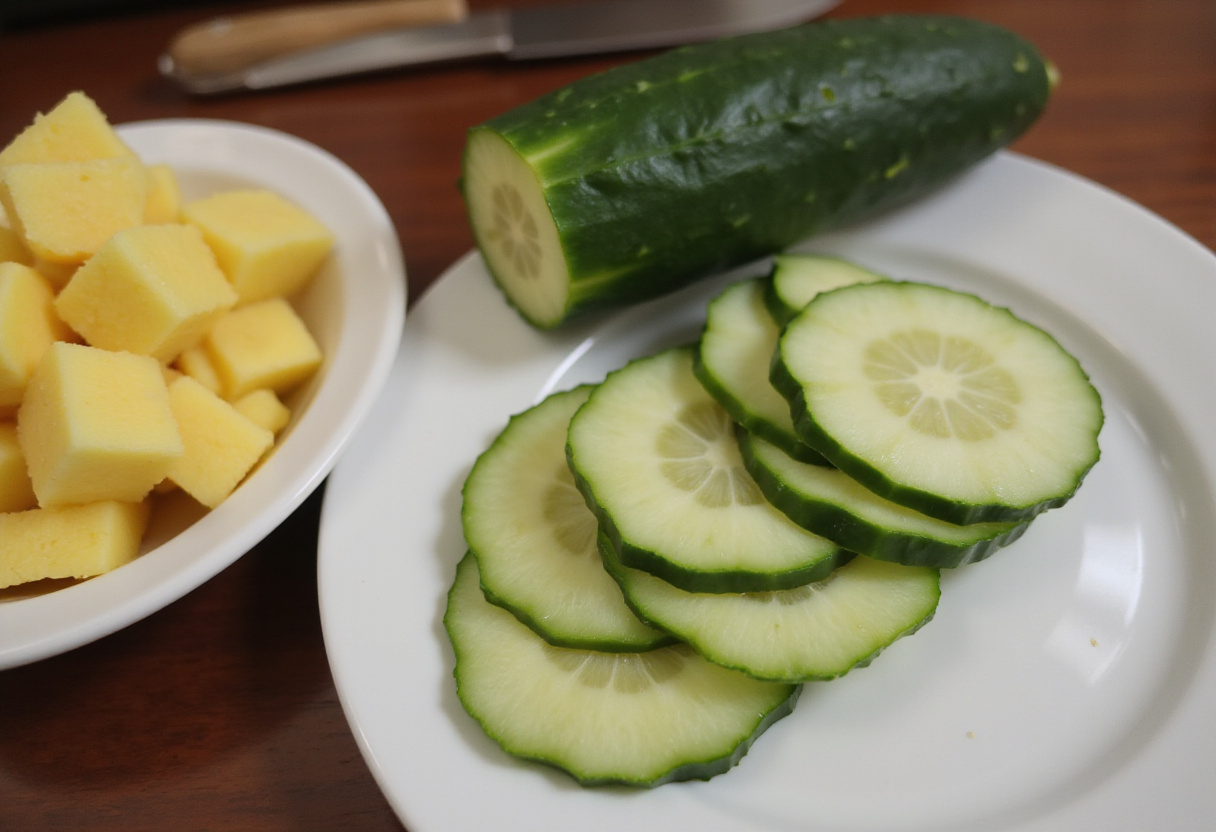 Cucumber slices prepared for a pineapple cucumber salad, showcasing fresh ingredients in a clean kitchen environment.