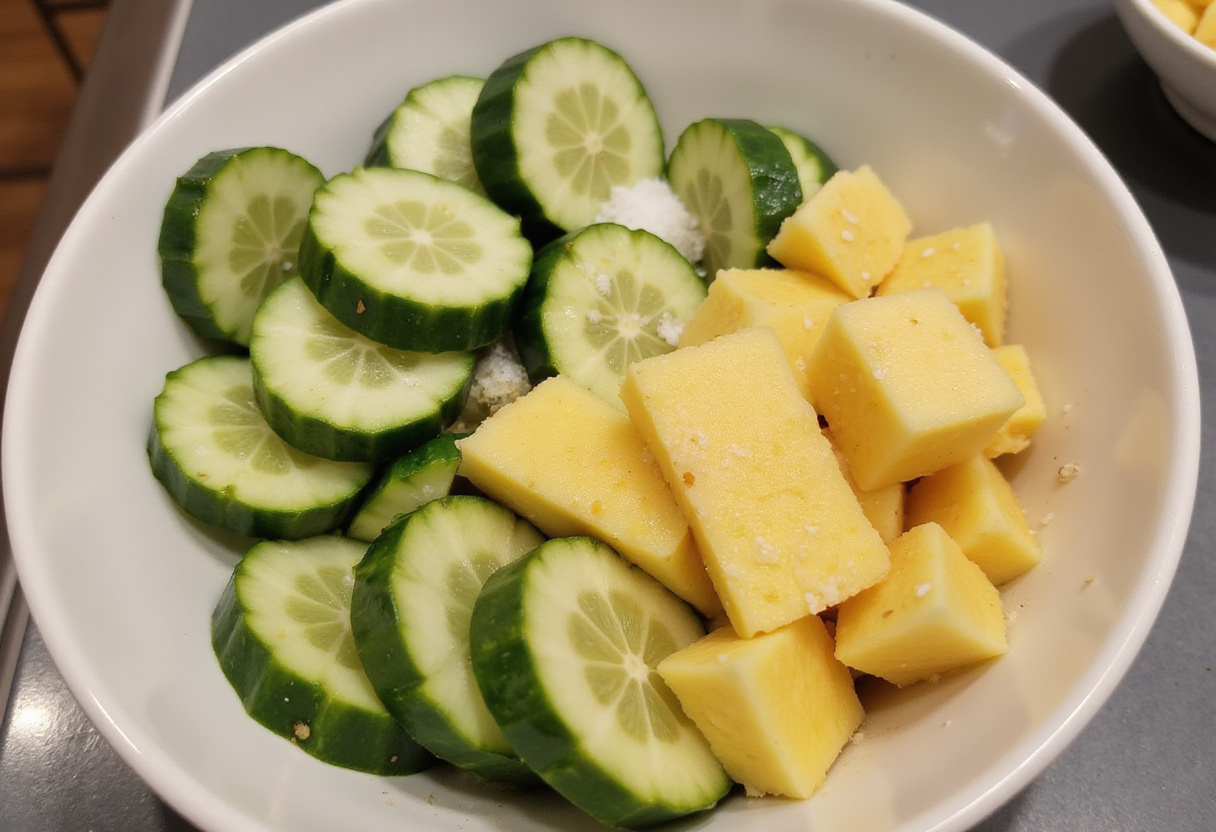 Mixing fresh ingredients for pineapple cucumber salad, combining sweet pineapple and crisp cucumber for a refreshing dish.