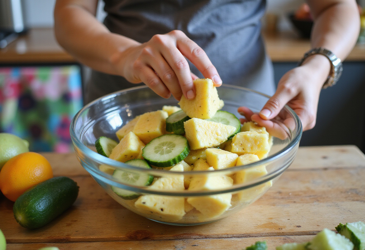 Tossing ingredients for a pineapple cucumber salad in a glass bowl, creating a vibrant and refreshing summer dish.