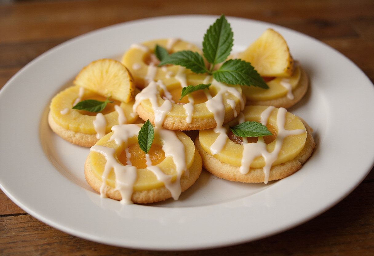 Delicious pineapple upside sugar cookies display on a plate, garnished with fresh pineapple slices and mint, perfect for a dessert spread.