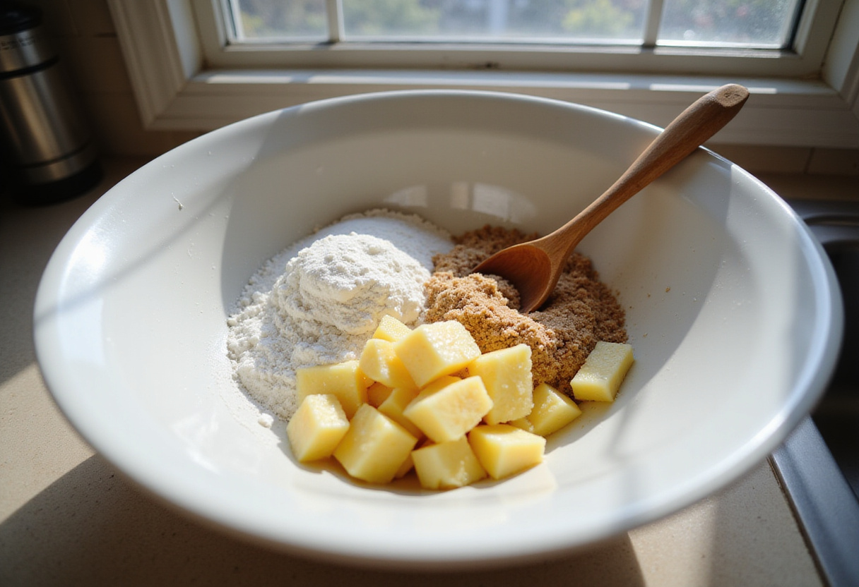 Mixing ingredients for pineapple upside sugar cookies, featuring sugar, pineapple, and flour.