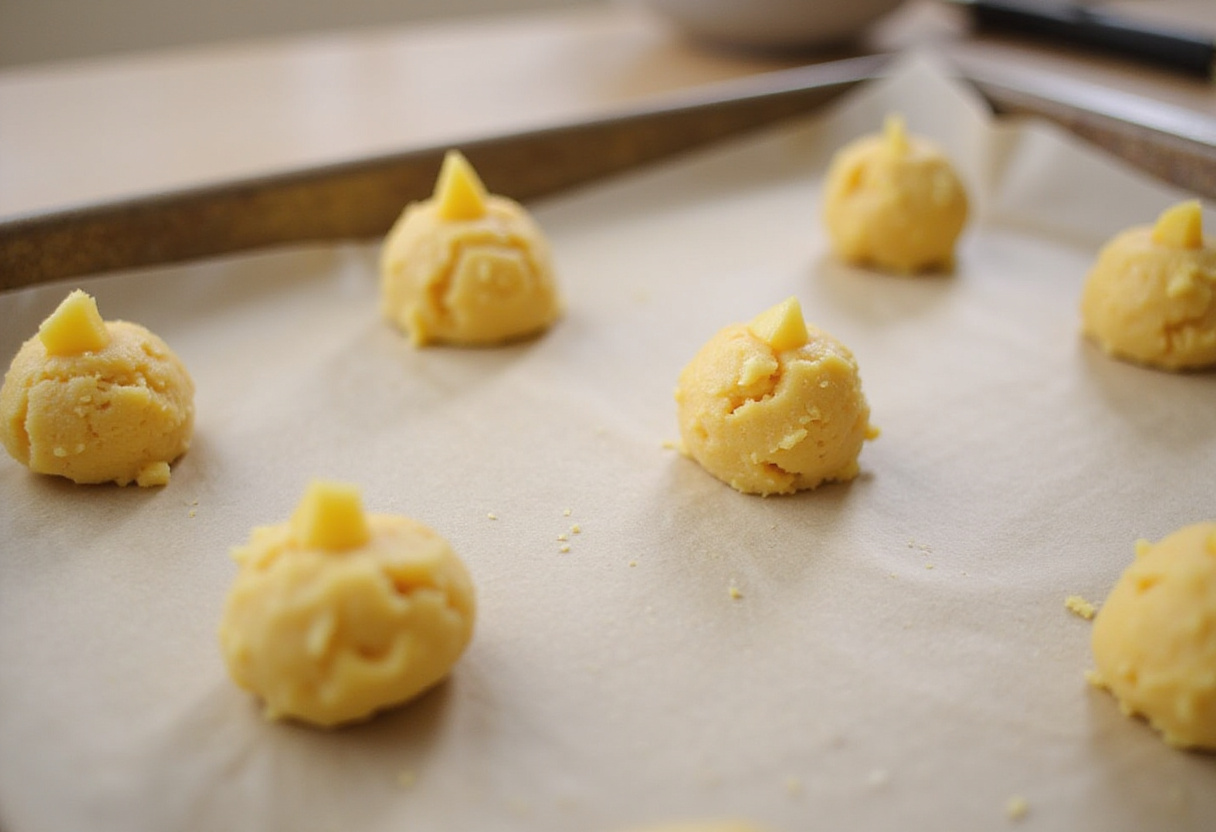 Shaping pineapple upside sugar cookie dough into balls on a baking sheet, surrounded by fresh pineapples.