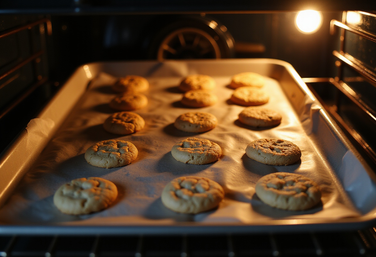 Pineapple upside sugar cookies baking in the oven, showcasing the cookies rising and spreading.