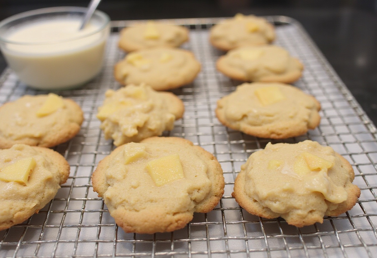 Cooling pineapple upside sugar cookies on a wire rack, accompanied by pineapple glaze for added flavor.