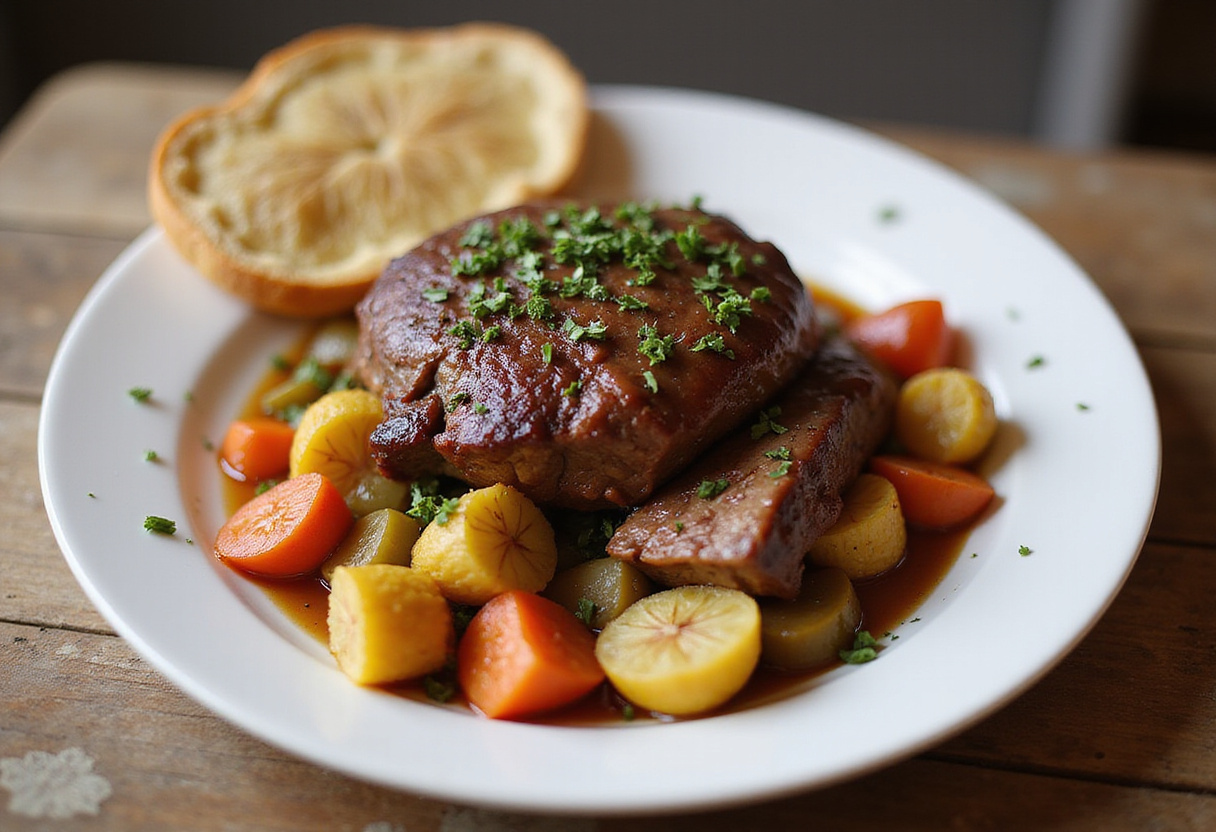 Delicious plate of easy quick pot roast with tender beef and vibrant vegetables, presented beautifully for optimal enjoyment.