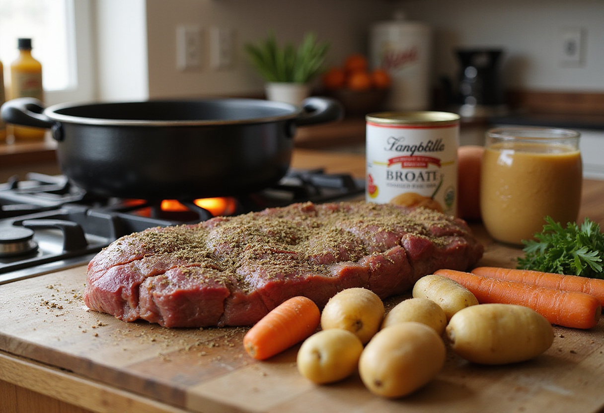 Easy quick pot roast preparation with seasoned beef, fresh vegetables, and broth ready on the counter.
