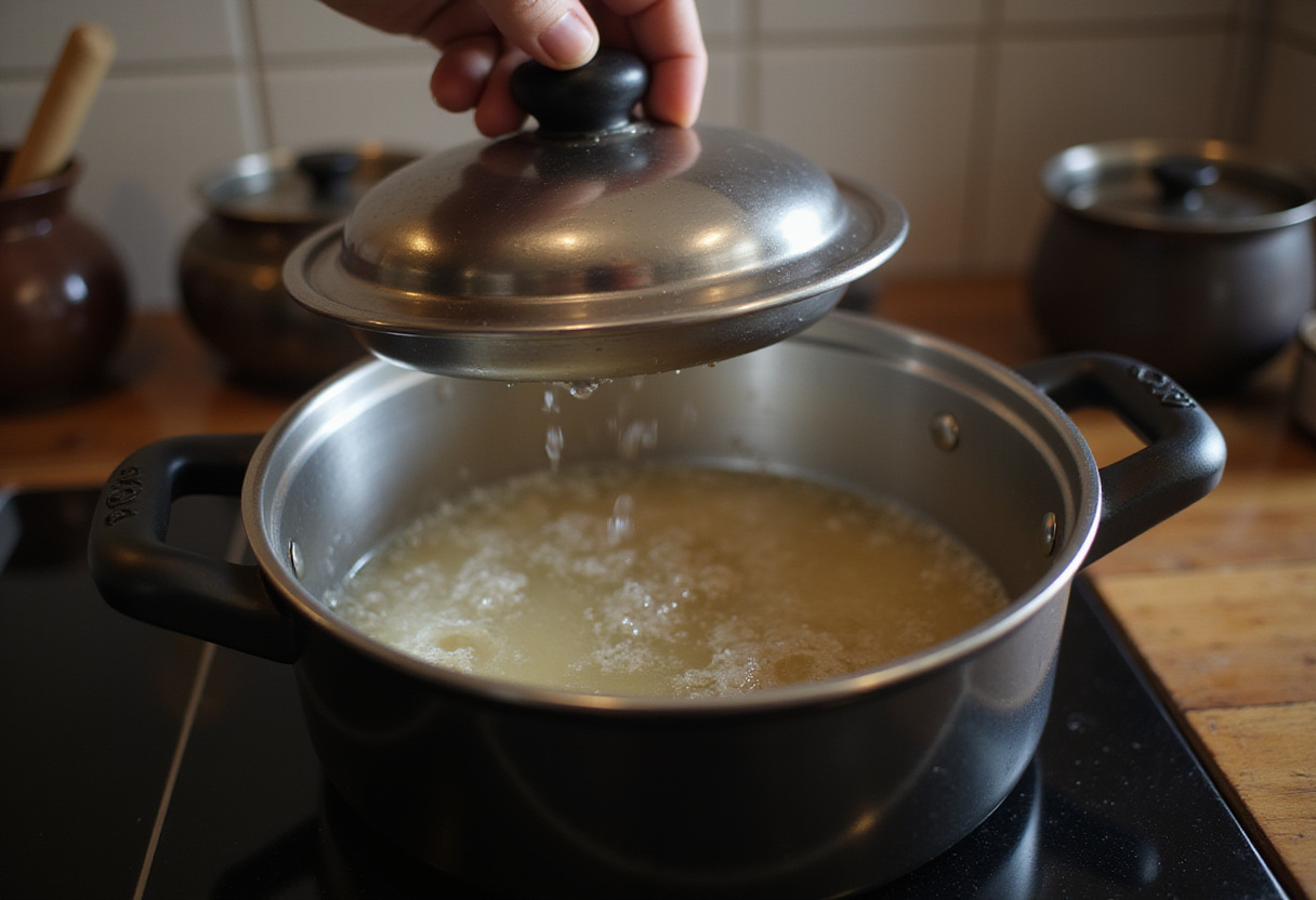 Covered pot with beef roast and vegetables simmering for an easy quick pot roast, creating a warm kitchen ambiance.