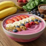 Final presentation of a healthy protein smoothie bowl with fruits and granola, perfect for a nutritious breakfast.