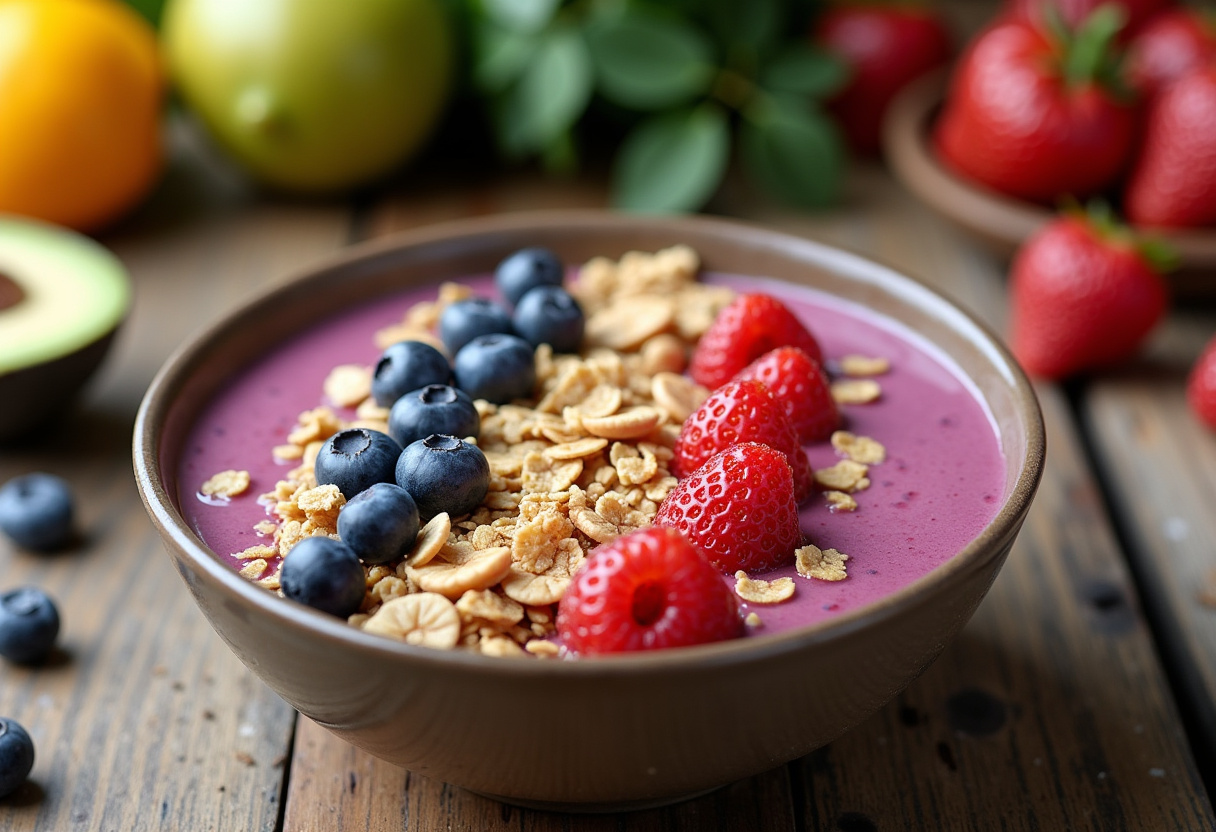 Final presentation of a healthy protein smoothie bowl with fruits and granola, perfect for a nutritious breakfast.