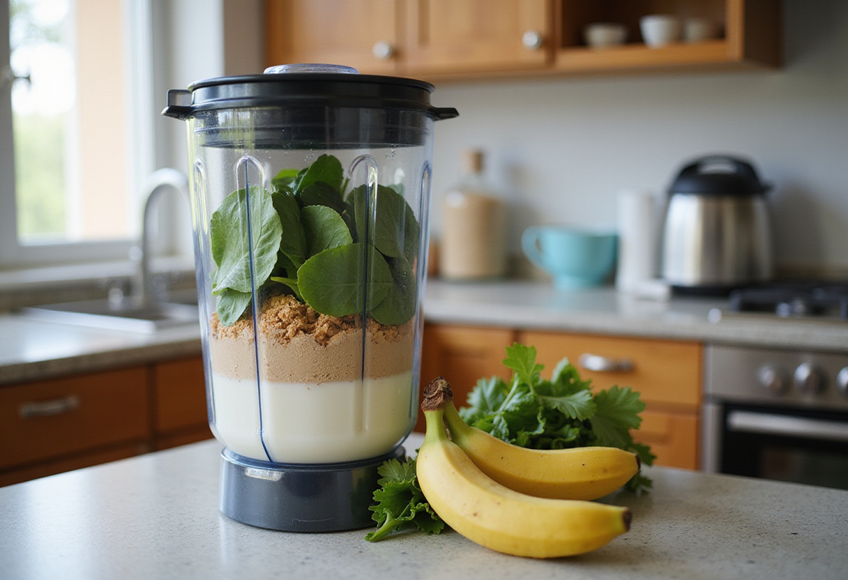 Making a protein smoothie bowl with spinach, bananas, and protein powder in a blender.