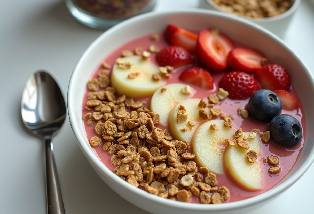 Preparing toppings for the protein smoothie bowl with granola, sliced fruit, and nuts.