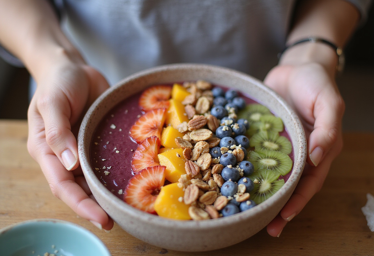 Garnishing the protein smoothie bowl with fresh fruits and granola for a nutritious meal.
