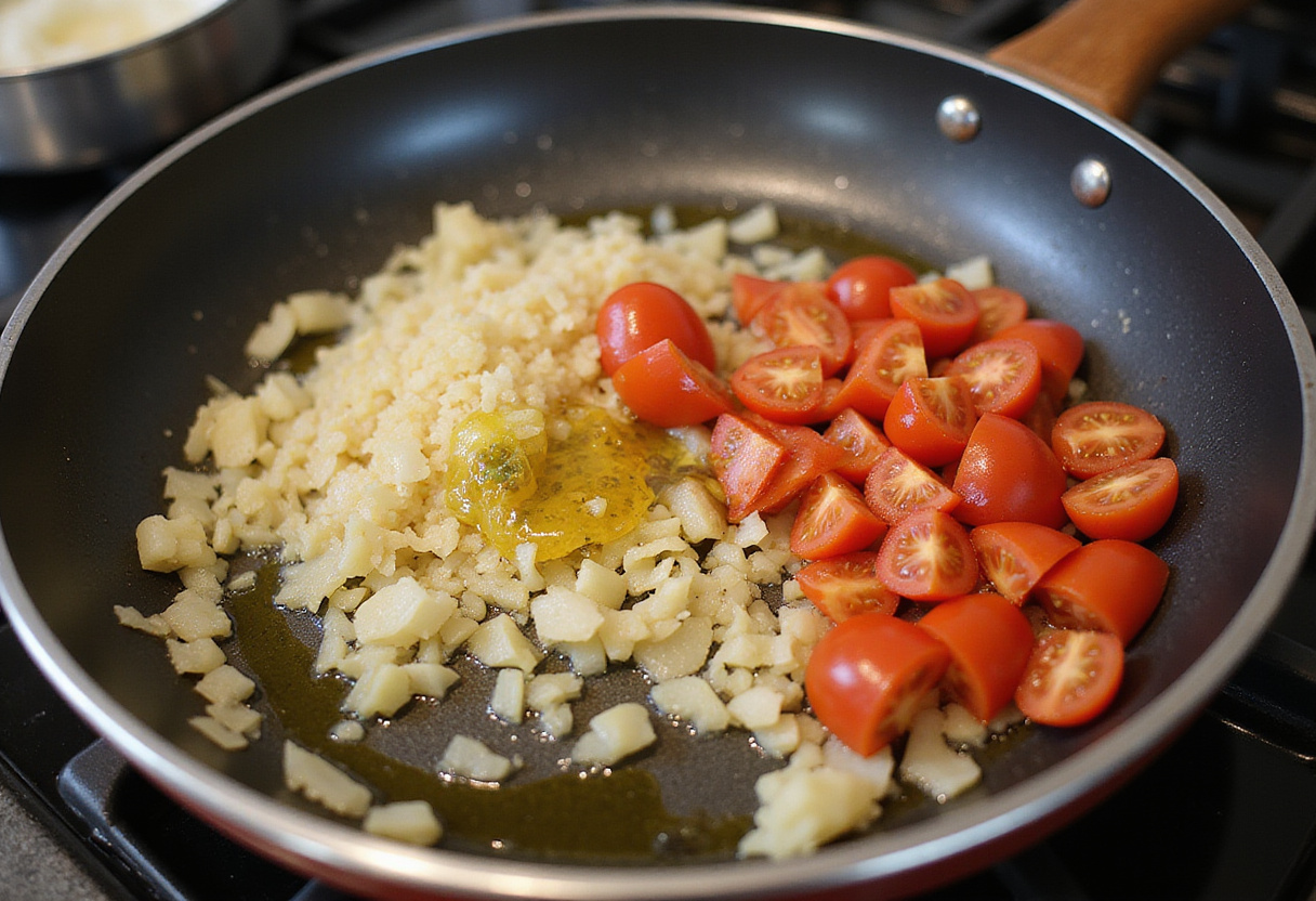 Sautéed onions, garlic, and ginger for butter chicken mixture, showing vibrant colors and flavors of traditional Indian cuisine.