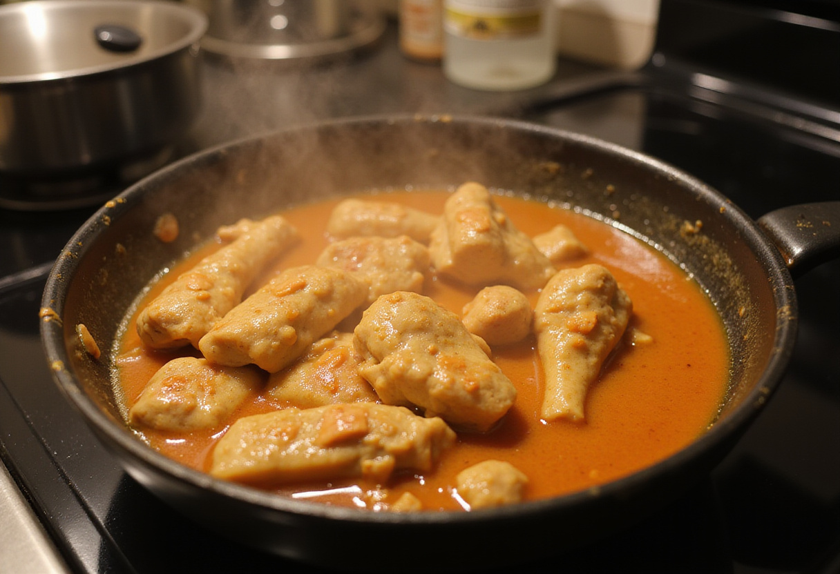 Simmering butter chicken sauce with diced chicken, showcasing the rich textures and flavors of a homemade Indian favorite.