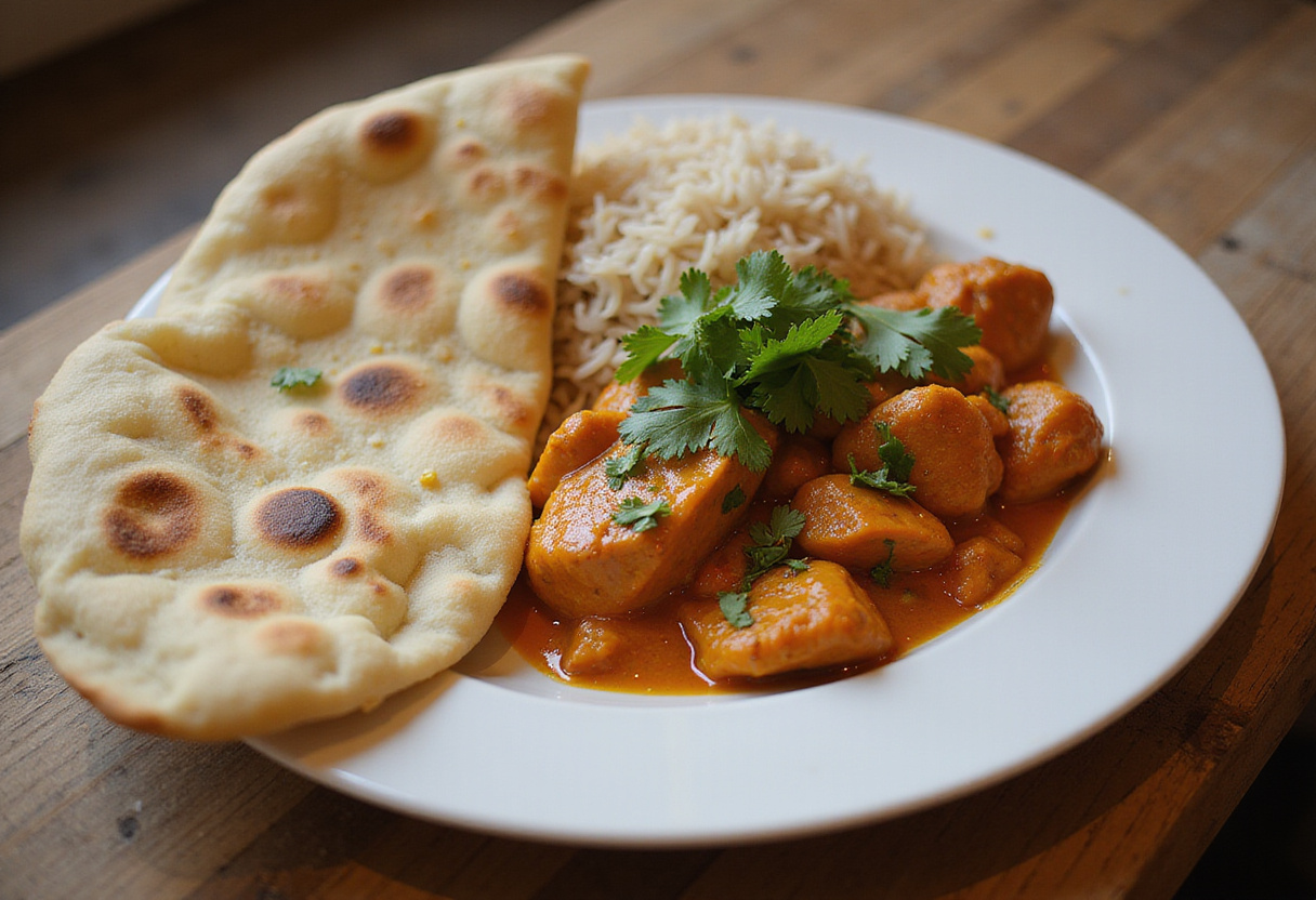 Delicious homemade butter chicken served with naan and basmati rice, a perfect representation of Indian culinary delight.
