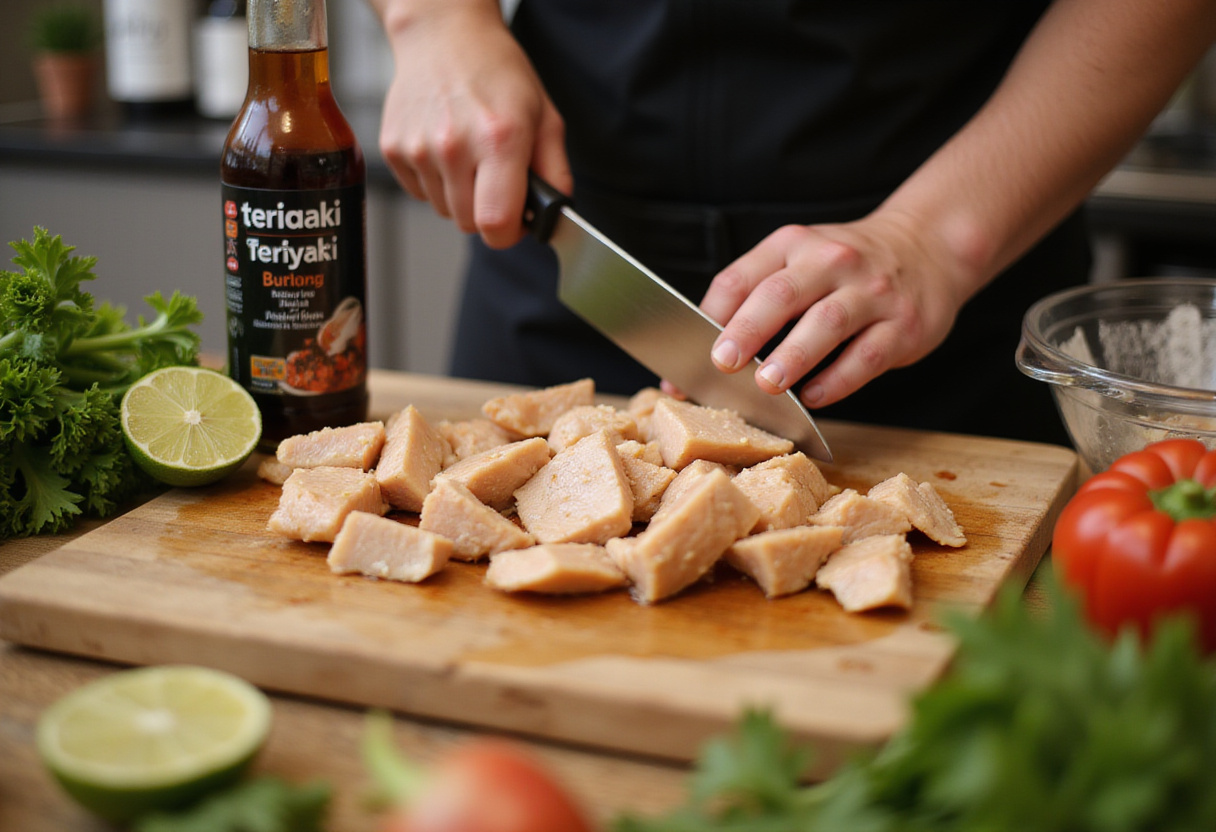 Chopping chicken breast for Quick and Flavorful Chicken Teriyaki Noodles, showcasing fresh ingredients and teriyaki sauce.