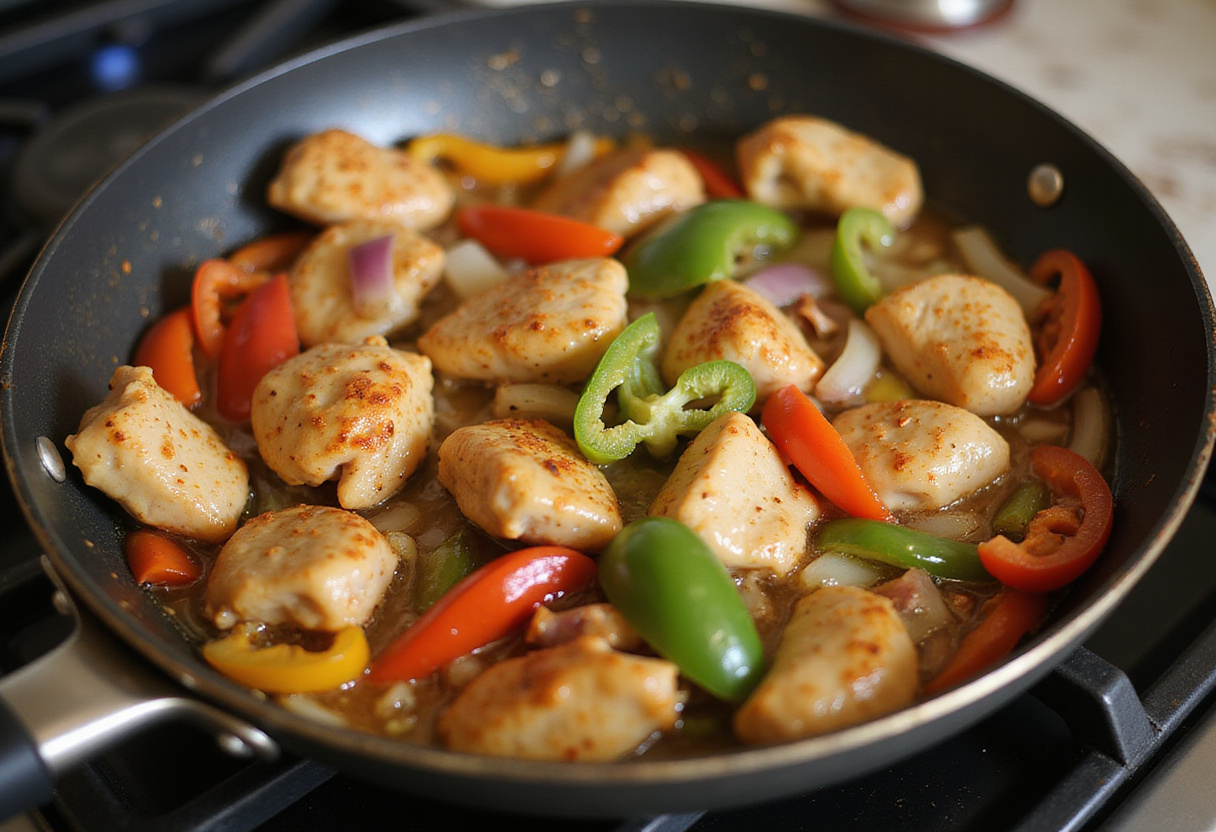Stir-frying chicken and vegetables for Quick and Flavorful Chicken Teriyaki Noodles, highlighting the cooking process and vibrant colors.