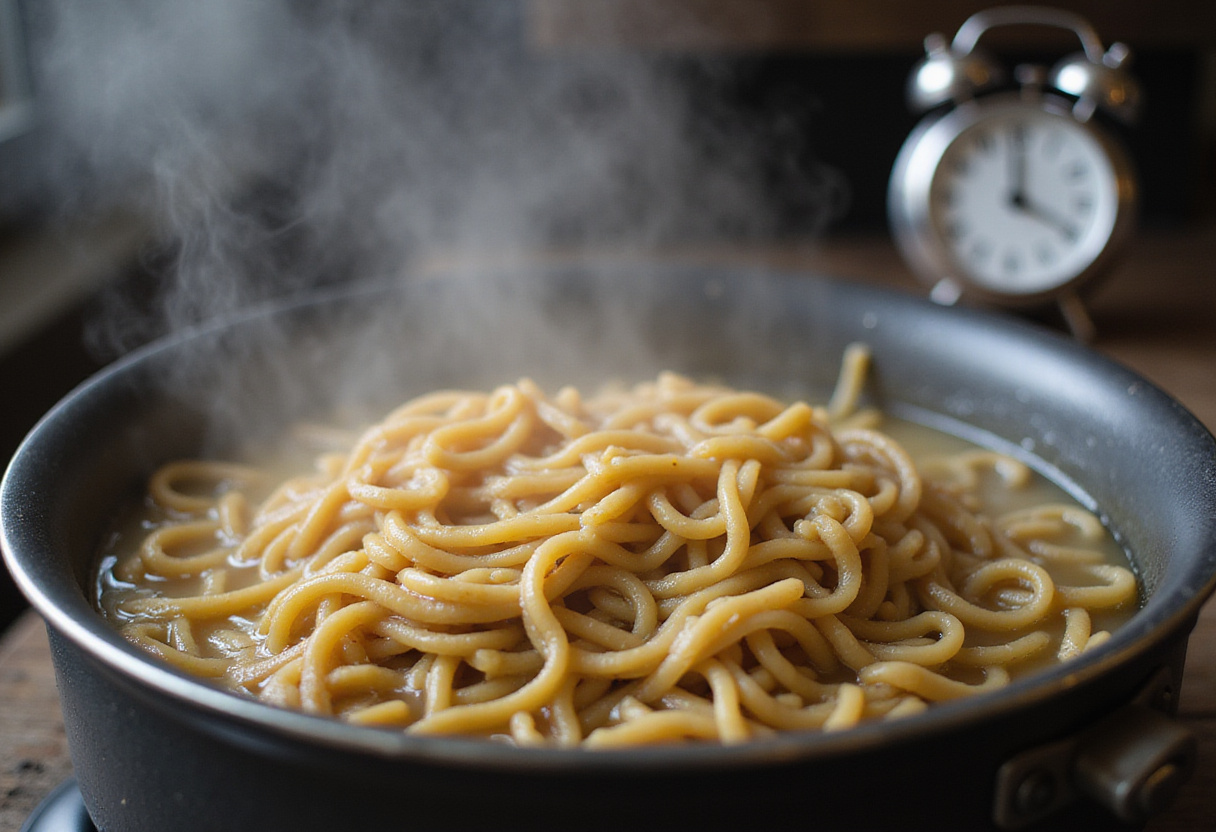 Boiling noodles for Quick and Flavorful Chicken Teriyaki Noodles, illustrating the preparation stage with steam and a cooking timer.