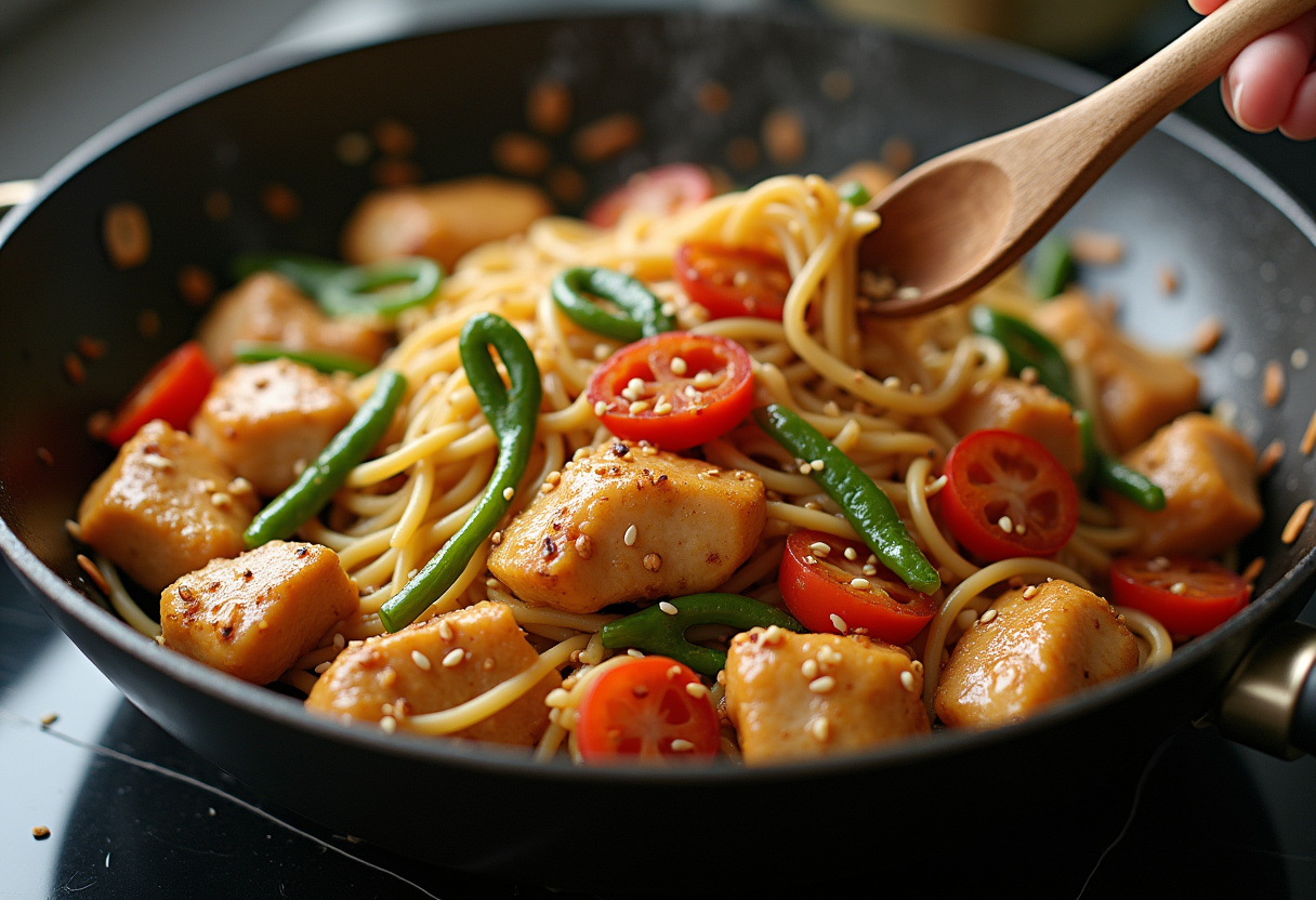Tossing teriyaki chicken and noodles in a skillet for Quick and Flavorful Chicken Teriyaki Noodles, showcasing the final cooking preparation.