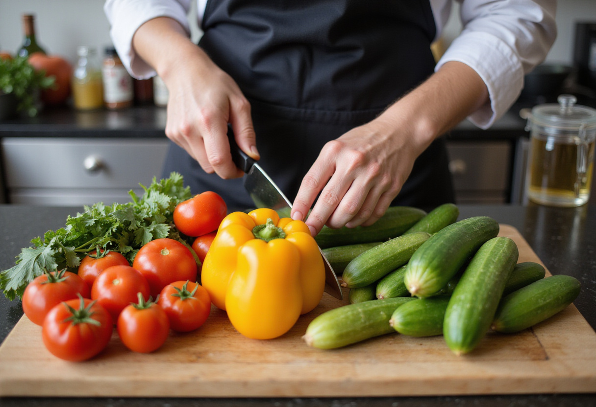Fresh vegetables being chopped for a vibrant Rainbow Orzo Salad with bell peppers, cherry tomatoes, and cucumbers.