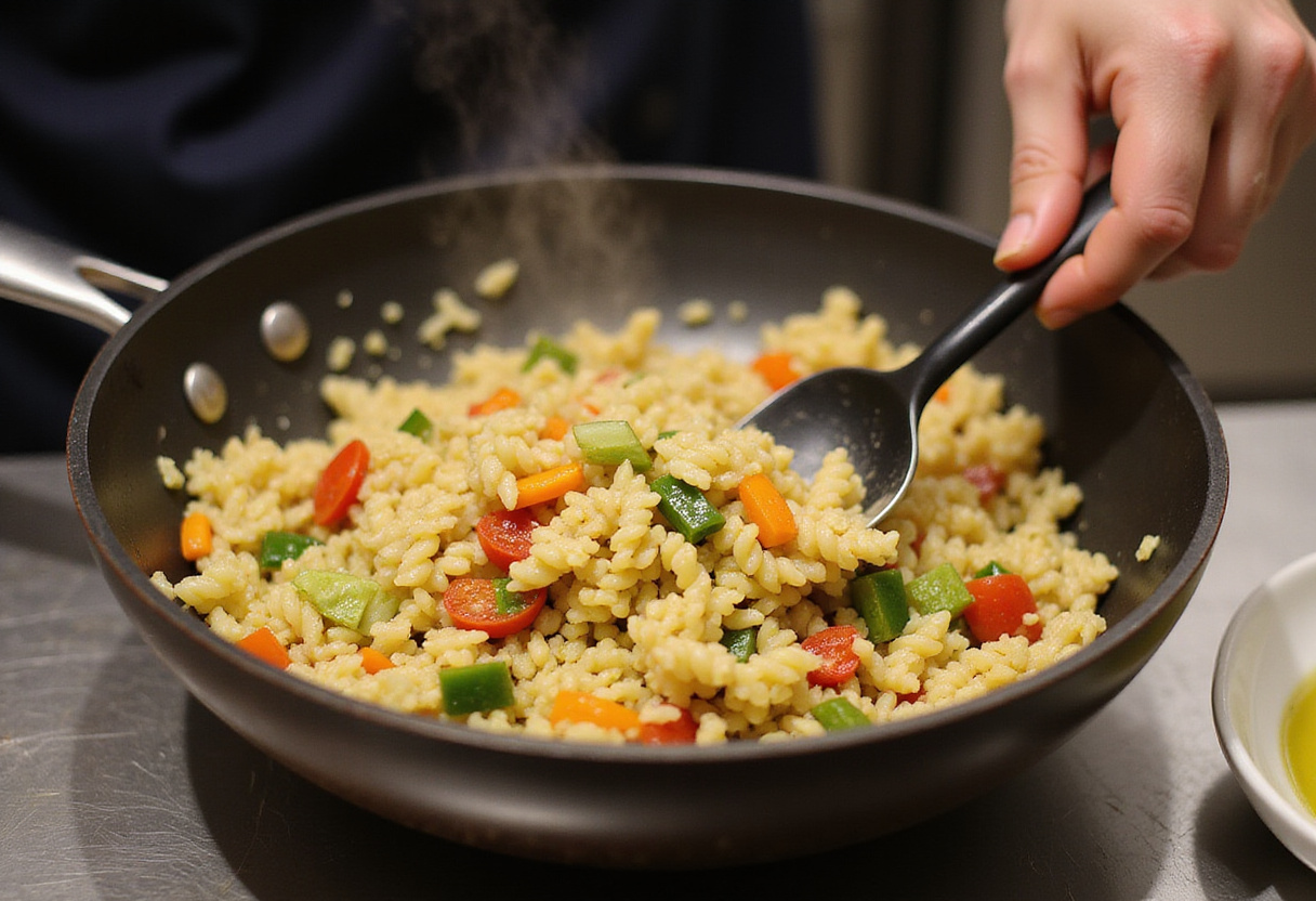 Combining orzo pasta with fresh vegetables for a flavorful Rainbow Orzo Salad in a large mixing bowl.