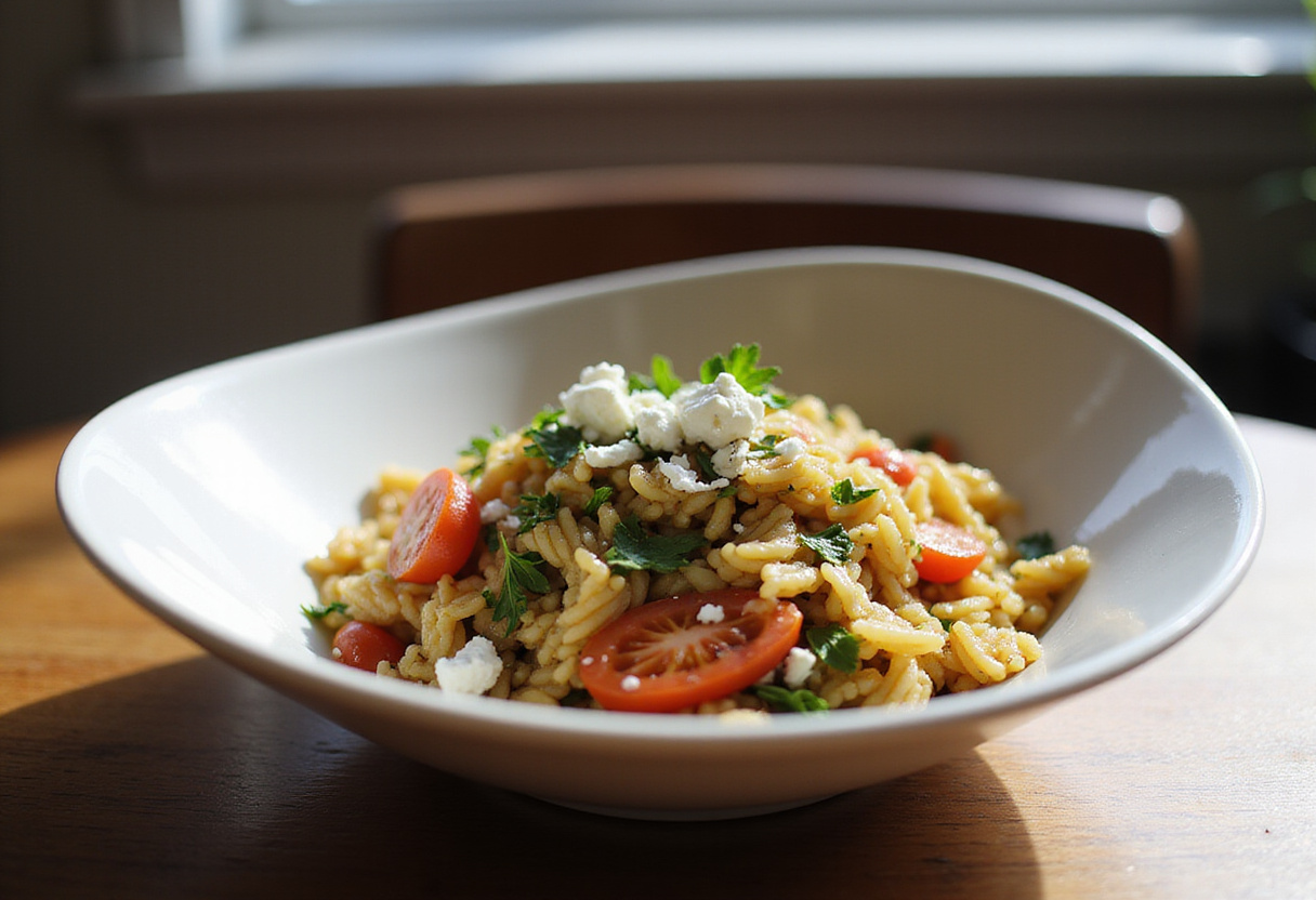 A beautifully garnished bowl of Rainbow Orzo Salad showcasing vibrant colors and fresh ingredients ready to be served.