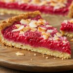 Final presentation of Raspberry Coconut Bars with Almond Crust, showcasing the vibrant raspberry layer and toasted coconut topping, perfect for dessert.