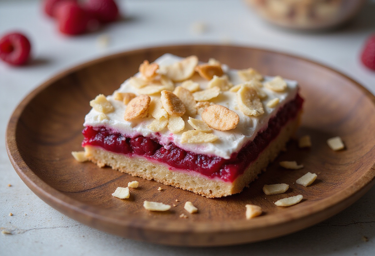 Final presentation of Raspberry Coconut Bars with Almond Crust, showcasing the vibrant raspberry layer and toasted coconut topping, perfect for dessert.