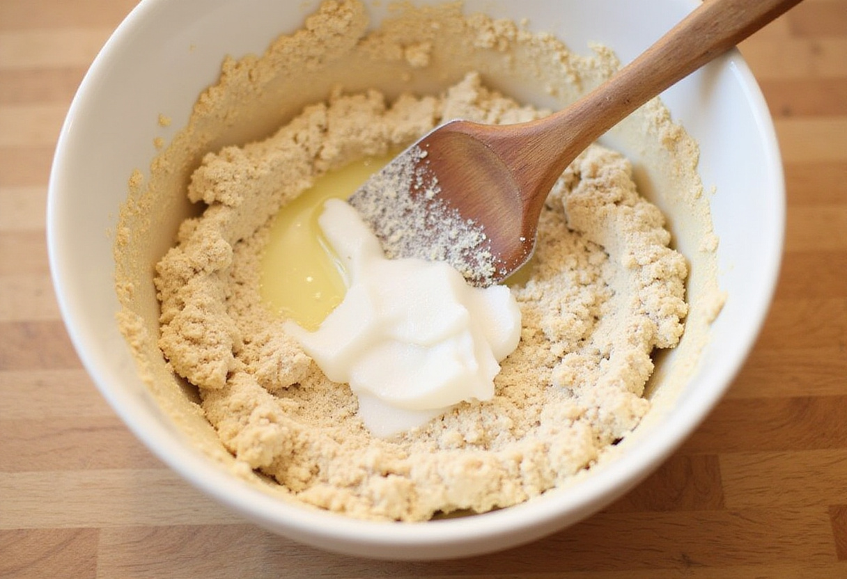 Delicious almond crust preparation for Raspberry Coconut Bars featuring almond flour, coconut oil, and sugar.