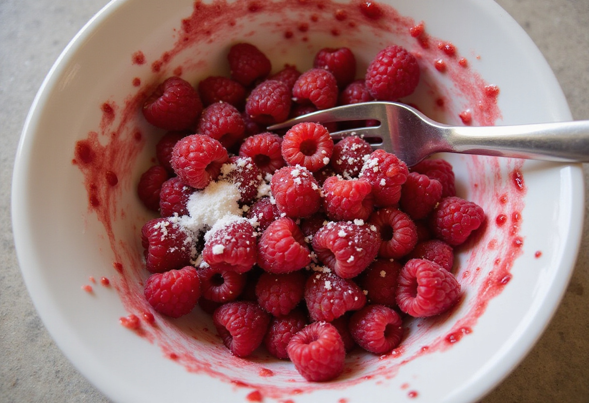 Preparing a delightful raspberry filling for Raspberry Coconut Bars by mashing fresh raspberries with sugar and lemon juice.