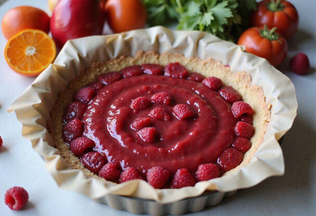 Beautifully layering raspberry filling over almond crust for Raspberry Coconut Bars, ready for baking.
