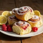 Elegant presentation of raspberry-lemon brioche rolls on a plate, garnished with sugar and fresh fruits, showcasing the delicious final result of a bakery-inspired treat.