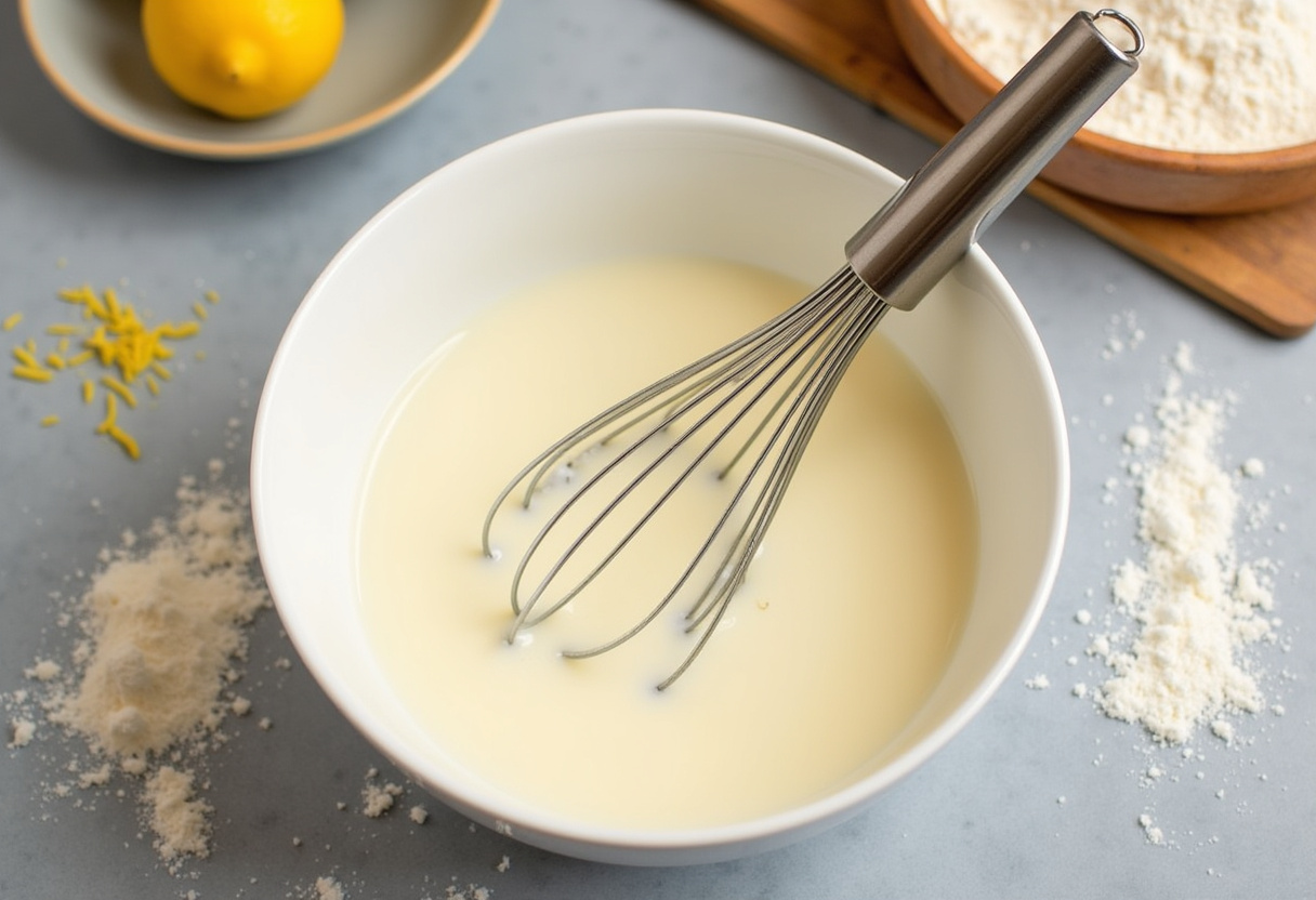 Preparing raspberry-lemon brioche rolls with warm milk and yeast mixture on a kitchen counter, featuring fresh ingredients for a sweet dough.