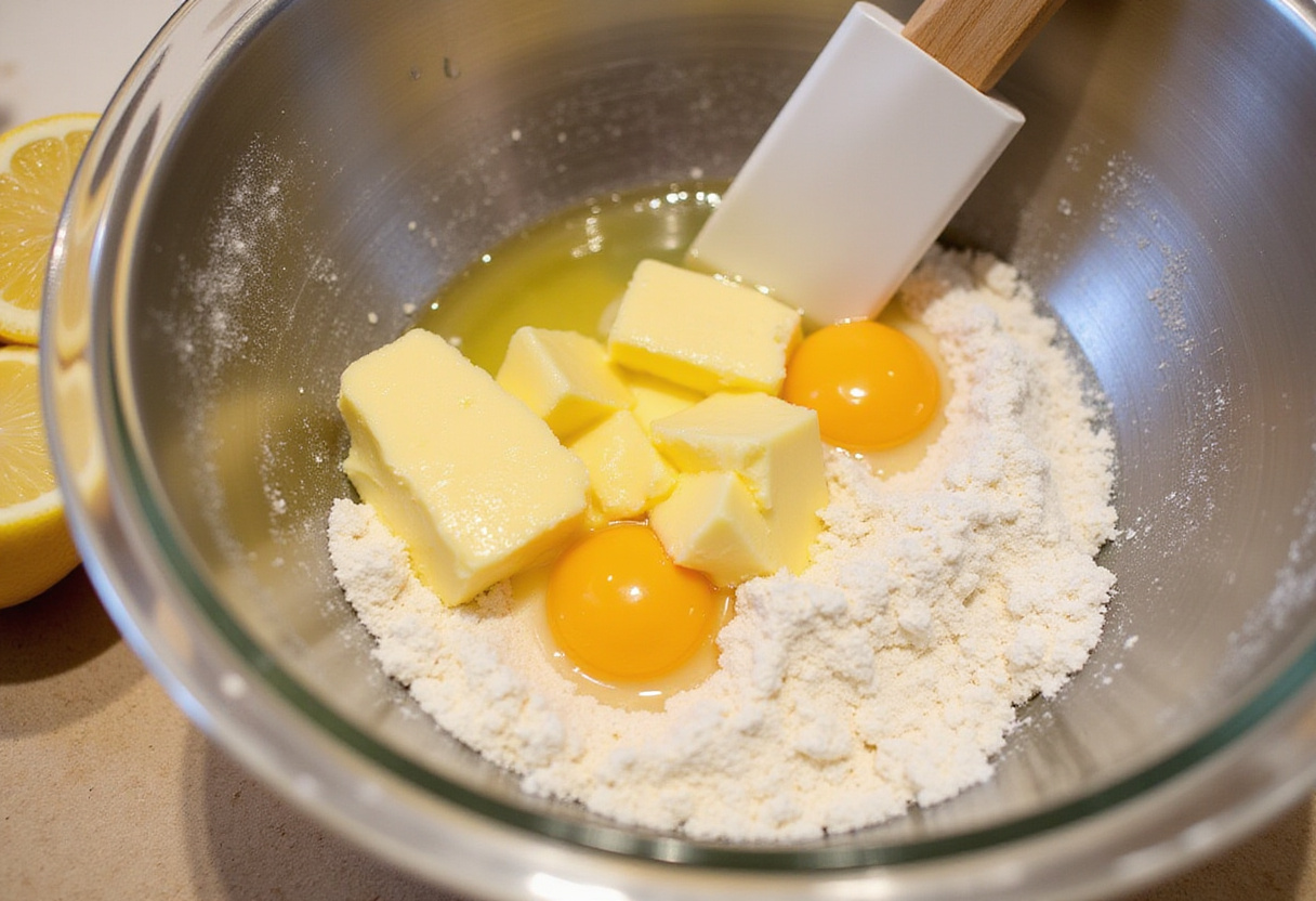 Combining butter and eggs for raspberry-lemon brioche rolls with visible flour and lemon juice, showing the vibrant process of making rich dough.
