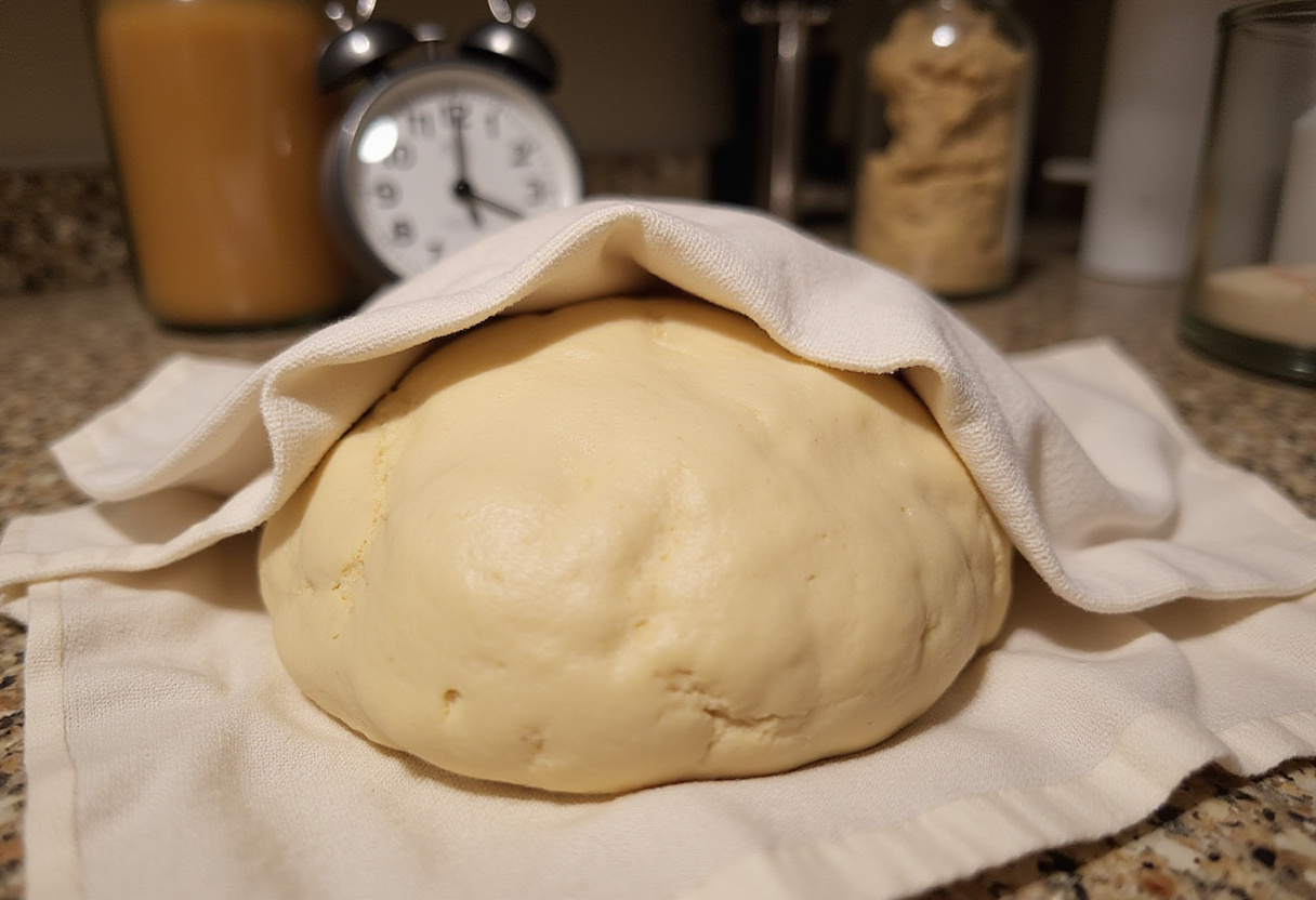 Rising dough of raspberry-lemon brioche rolls covered with a towel, reflecting the proving process and atmosphere of baking at home.