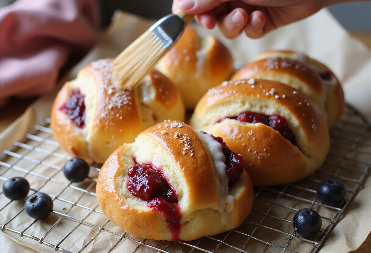 Baking raspberry-lemon brioche rolls, showing golden brown rolls glazed with lemon and fresh raspberries, highlighting the final baking touches.