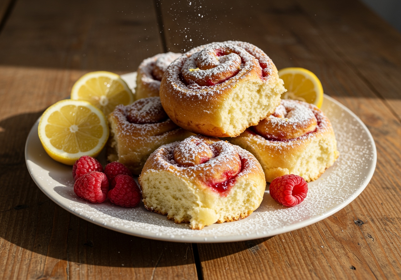Elegant presentation of raspberry-lemon brioche rolls on a plate, garnished with sugar and fresh fruits, showcasing the delicious final result of a bakery-inspired treat.
