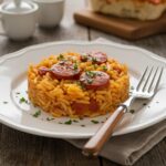 Deliciously presented Riz au Chorizo et à la Tomate, perfect for a comforting meal