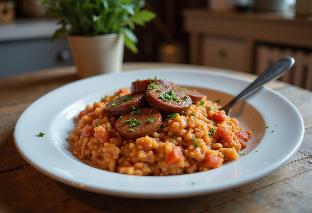 Deliciously presented Riz au Chorizo et à la Tomate, perfect for a comforting meal