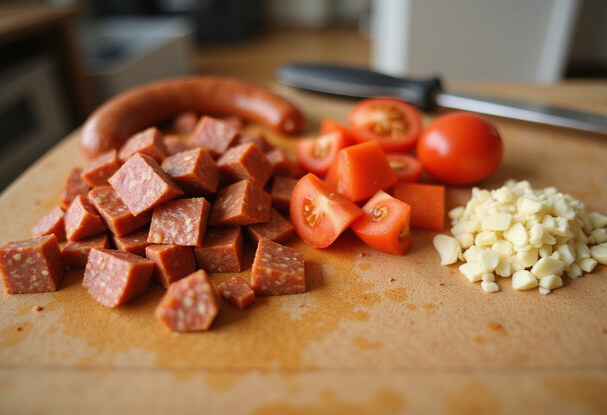 Chopping chorizo and fresh tomatoes for traditional Riz au Chorizo et à la Tomate recipe
